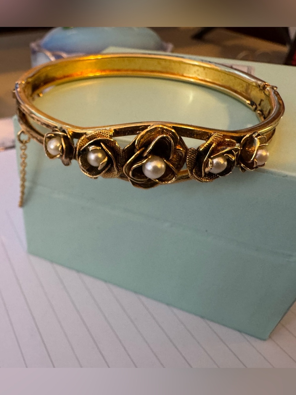 Gold Floral Pearl Accent Bangle Bracelet with Filigree Design around SizeSm 2.5